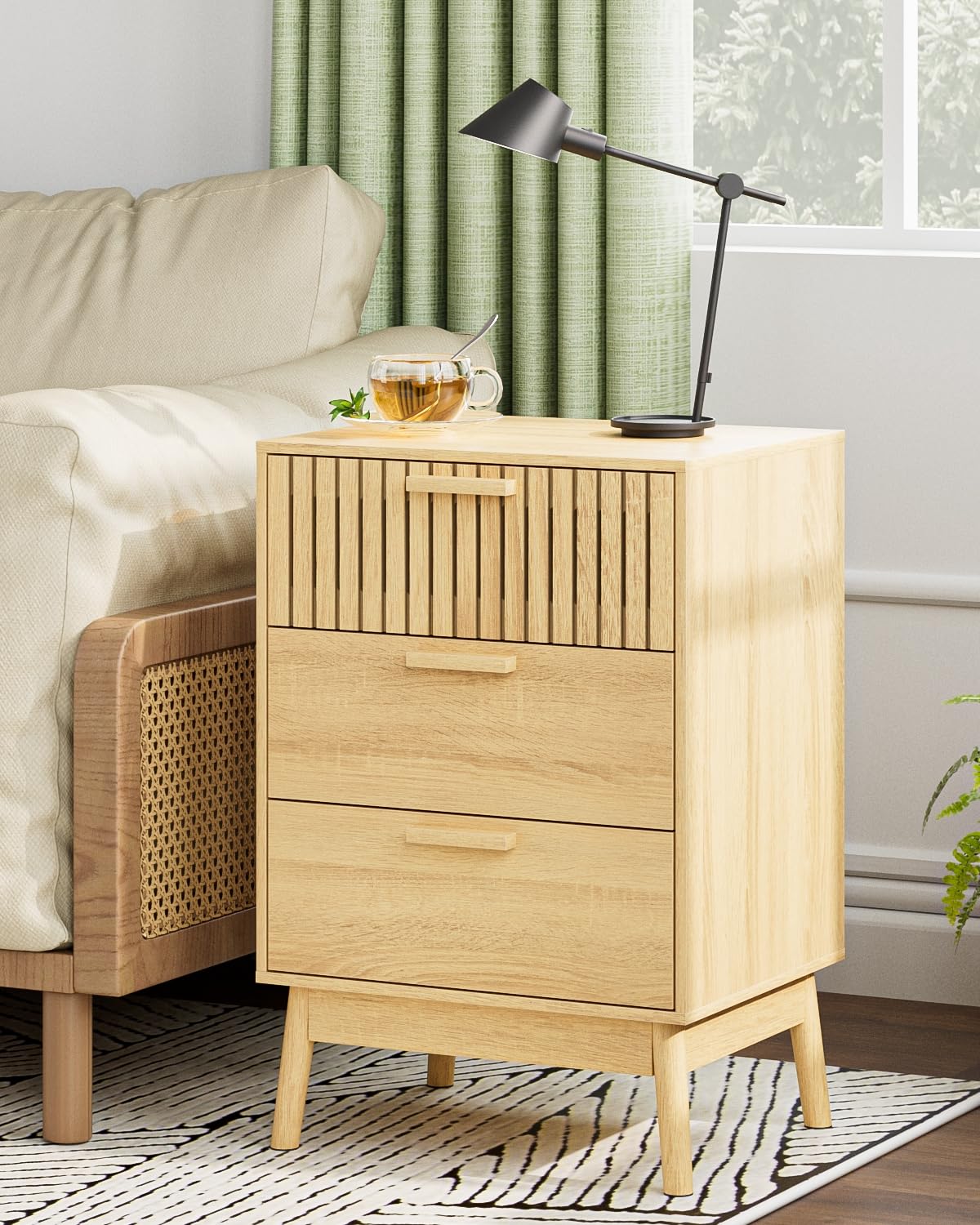 Aobafuir 3 Drawer Dresser for Bedroom, Fluted Nightstand Modern Closet Dressers Chest of Drawers, Wood Oak 3 Drawer Storage Chest for Bedroom, Hallway, Living Room Aobafuir