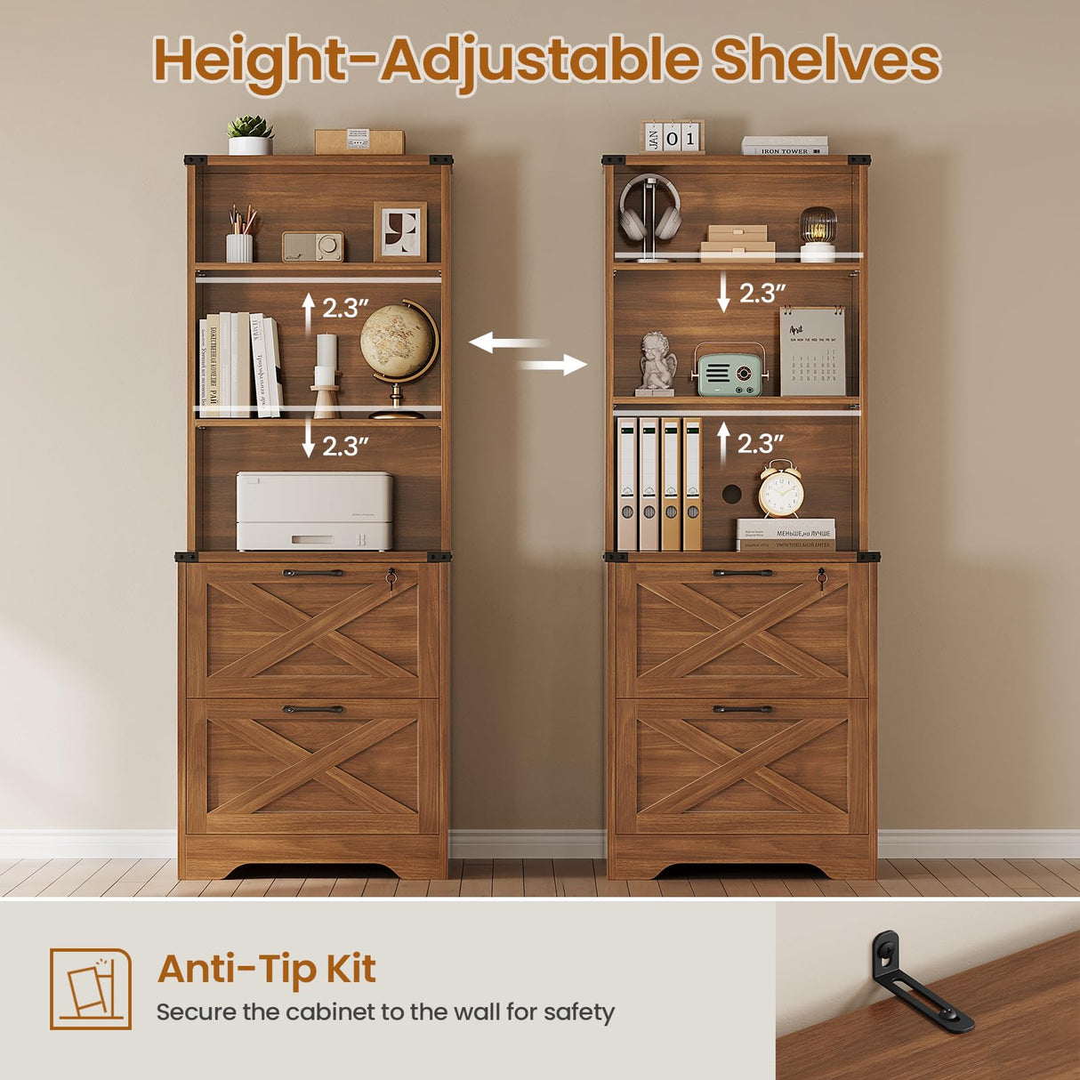 SEDETA 2 Drawer File Cabinet with Lock, Wood Filing Cabinet fits Letter, Legal, A4 Size, Hanging File Folders, Farmhouse File Cabinets for Home Office with Adjustable Storage Shelf (Brown) SEDETA