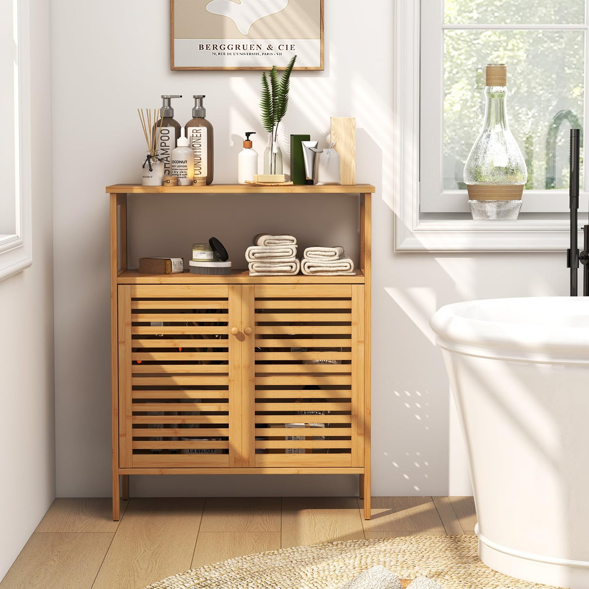 Tangkula Bamboo Floor Cabinet, Bathroom Storage Cabinet with Double Slatted Doors, Open Shelf, Removable Shelf, Storage Organizer for Bathroom Doorway Living Room Kitchen Tangkula