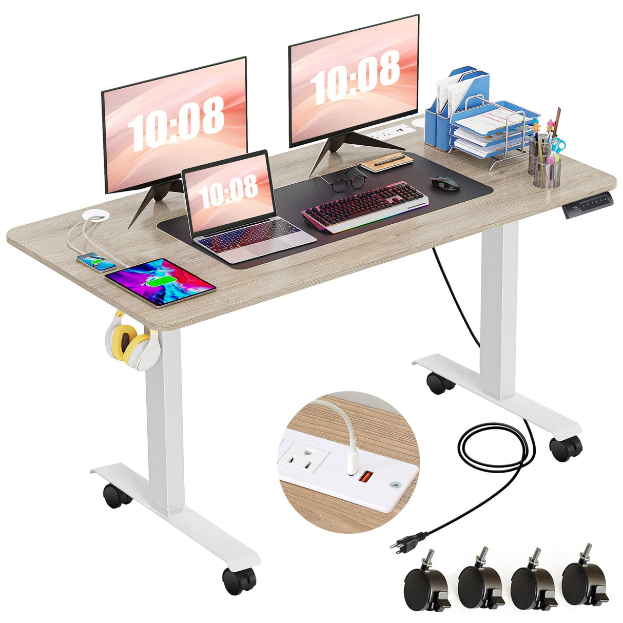 farexon Electric Standing Desk 63 x 24In with Charging Station, Stand up Desk with Oversized Mouse Pad, 2 USB Ports & 3 Power Outlets, 4 Caster, 4 Preset Heights Easy to Set(Oak Gray) farexon