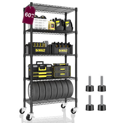 Homtura 5 Tier Wire Shelving with Wheels Casters, 750 lbs Heavy Duty Storage Shelves Metal Shelving, Rolling Adjustable Shelving Unit Wire Rack for Kitchen, Garage, Pantry 14" D x 30" W x 60" H