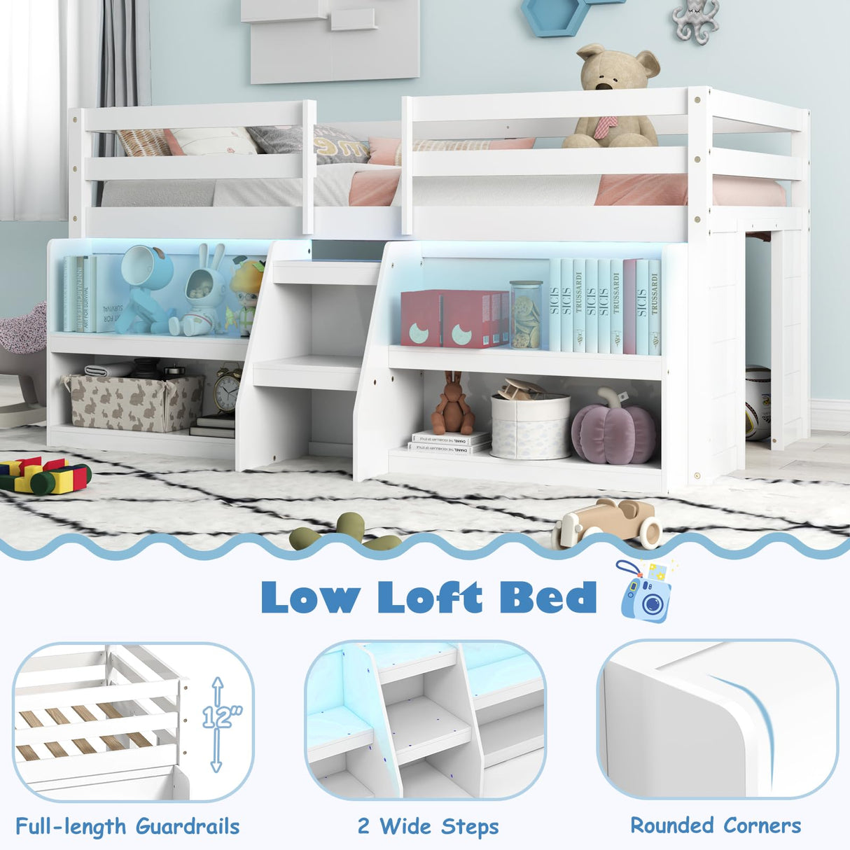 KOMFOTT Low Loft Bed with LED Light & 2 Bookcases, Wood Kids Twin Bed with Under-Bed Play Space, Stairs & Guardrails, No Box Spring Needed, Modern Low Loft Bed Frame, White KOMFOTT