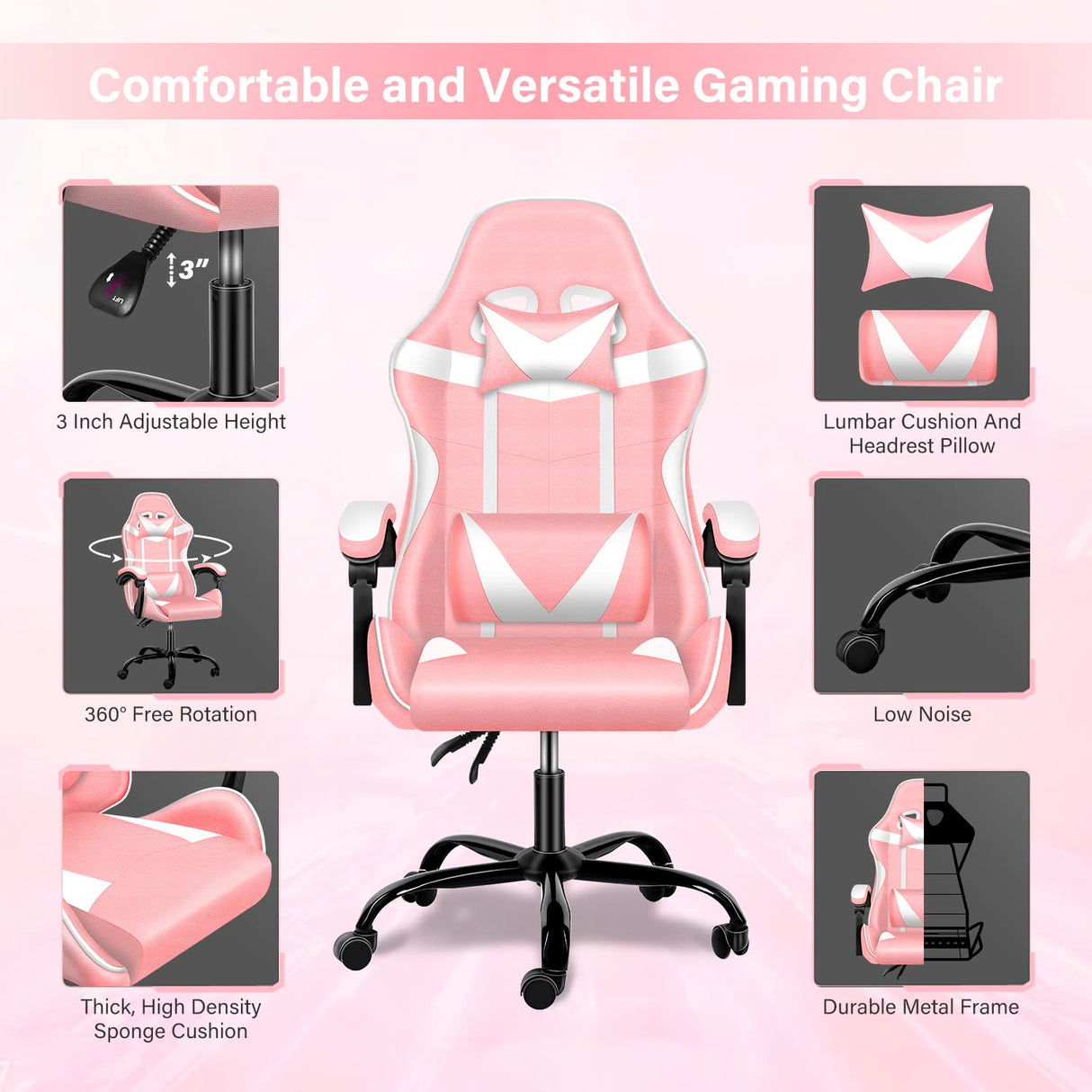 Pink Gaming Chair, Big and Tall Gamer Chair, Racing Style Adjustable Swivel Office Chair, Ergonomic Video Game Chairs with Headrest and Lumbar Support Simple Deluxe
