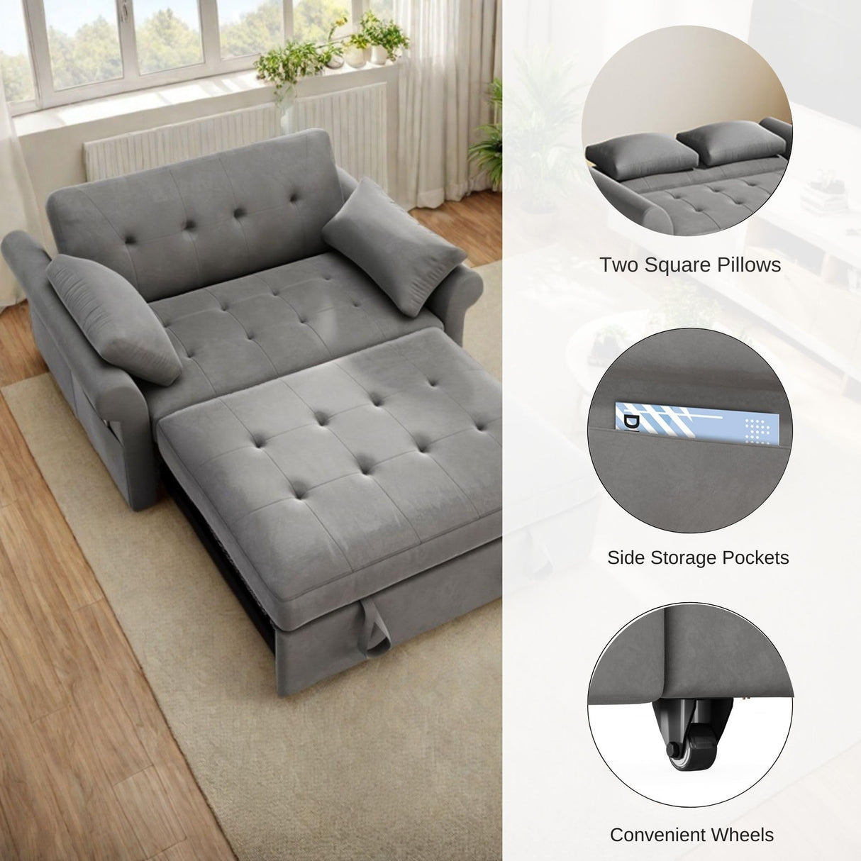 YITAHOME Sleeper Sofa Bed 3-in-1 Convertible Couch with Pullout Bed, Reclining Backrest, Storage Pockets, Modern Space Lounge Furniture for Living Room, Includes Toss Pillows, Blue Gray YITAHOME