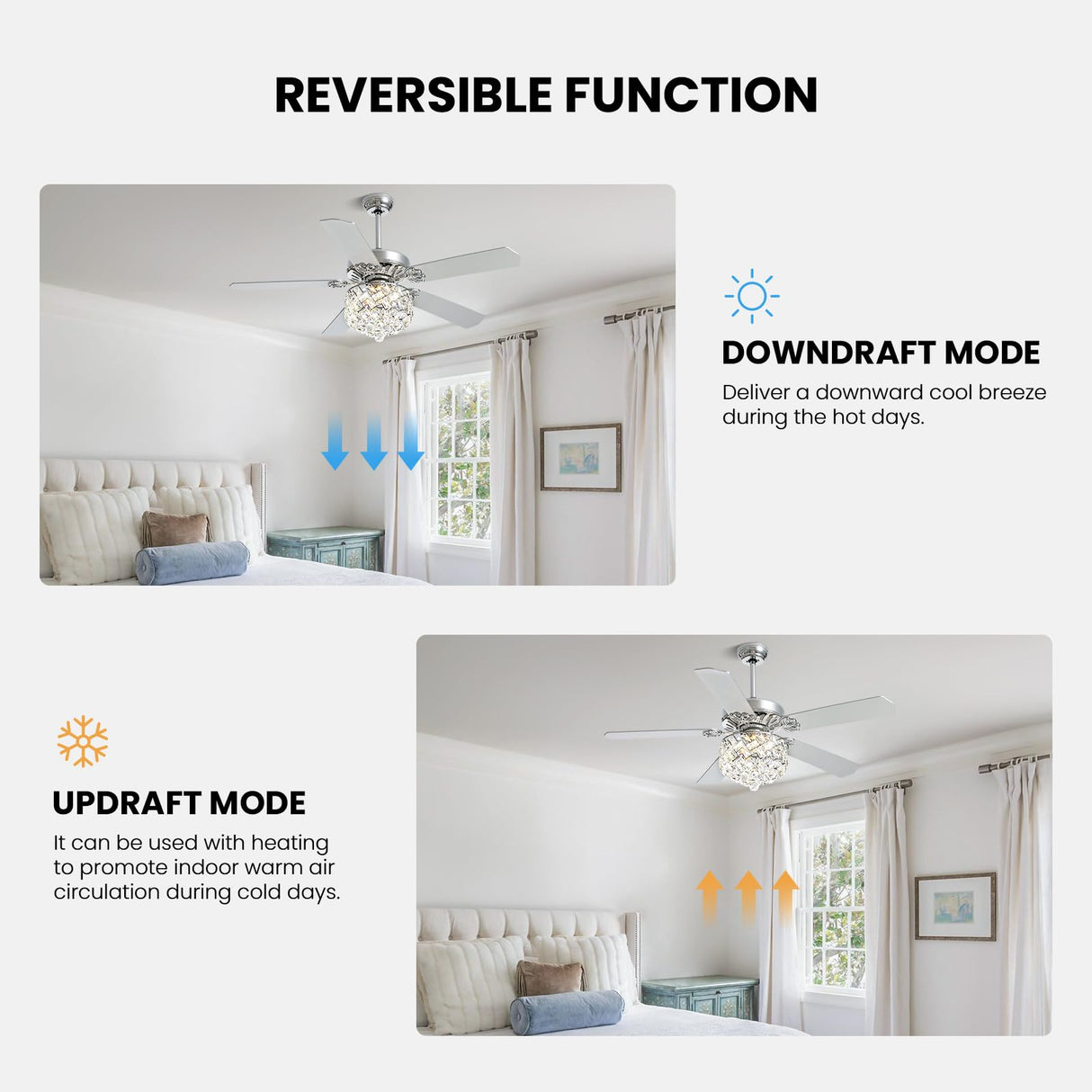 CROSSIO 52" Crystal Ceiling Fan with Light Dimmable LED Chandelier Ceiling Fan Modern Reversible Ceiling Fan Light Fixture with Remote for Bedroom Dining Room Living Room Chrome CROSSIO