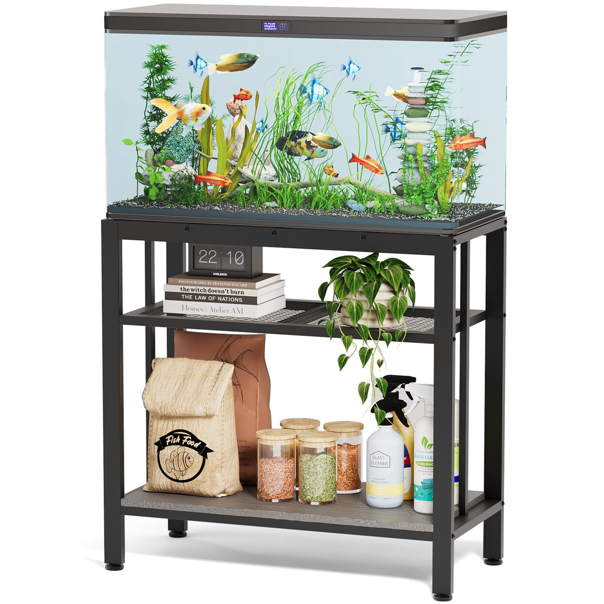 VOWNER 20-29 Gallon Fish Tank Stand - Metal Aquarium Stand, 30.7" L x 13.8" W x 29.5" H, Heavy Duty Reptile Tank Stand, Adjustable 3-Tier Fish Tank Rack Shelf for Home Office, 440LBS Capacity, Grey VOWNER