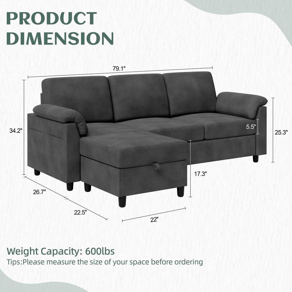 Vongrasig Convertible Sectional Couch, 3 Seat L Shaped Couch Sofa with Removable pillows Linen Fabric Small Couch Mid Century for Living Room, Apartment and Office BK Vongrasig