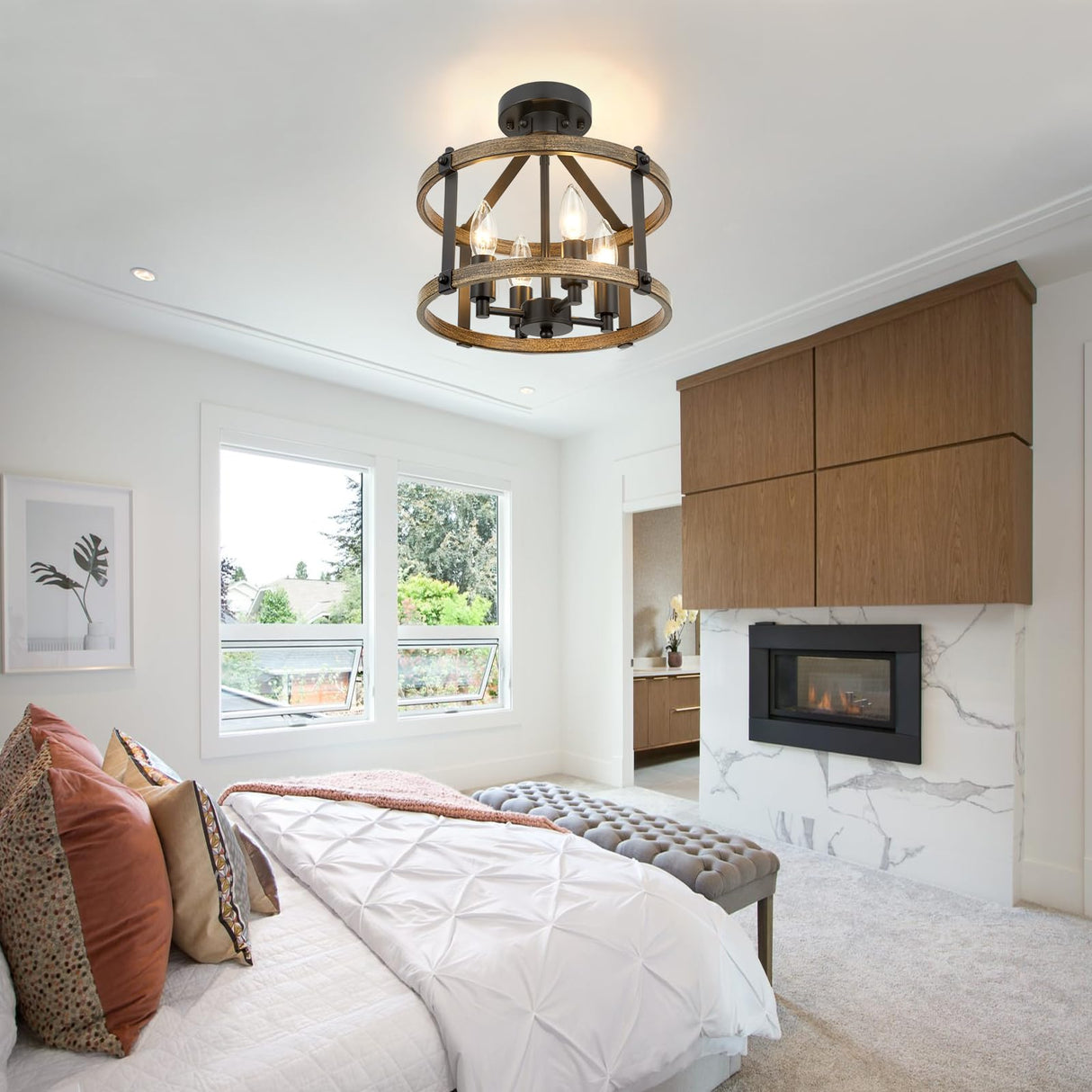 12.5" Farmhouse Semi Flush Mount Ceiling Light,4 Light Drum Rustic Semi Flush Ceiling Light,Black+Vintage Wood-Look Finish Semi Flush Light Fixture for Bedroom、Hallway、Kitchen、Laundry Room ZSANZYU