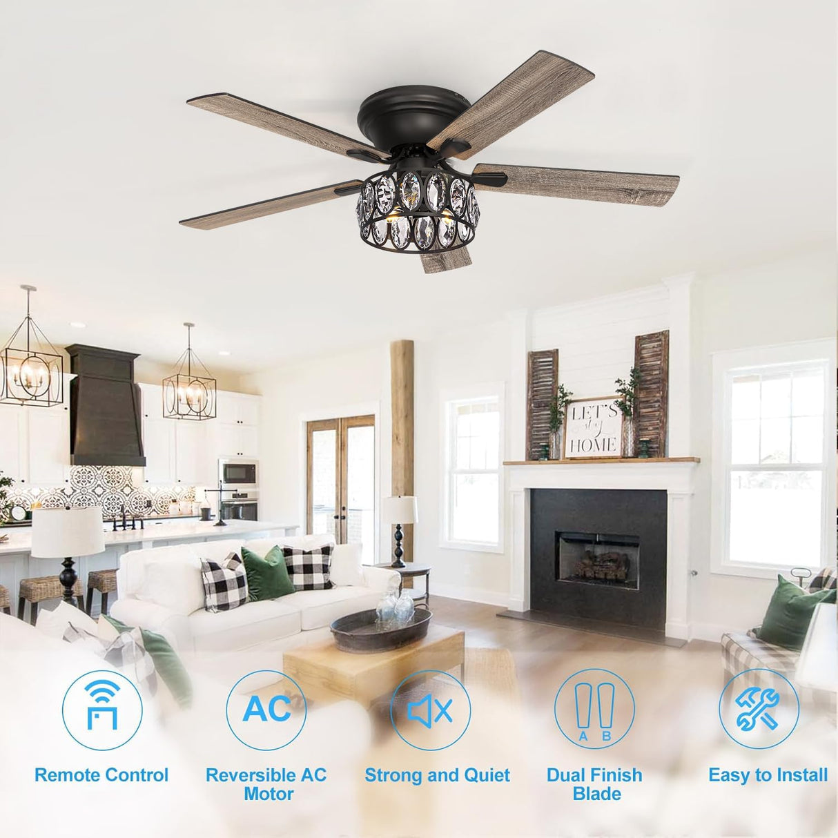 52 inch Flush Mount Black Ceiling Fans with Light Remote Control, 5 Reversible Blade Farmhouse Low Profile Ceiling Fan with Crystal Lighting Chandelier for Bedroom Breezary