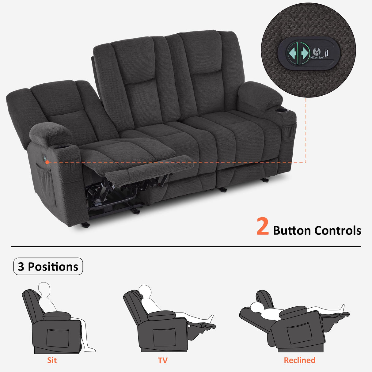 MCombo Zero Gravity Power Reclining Sofa with Heat and Vibration Massage, 3 Seater Reclining Couch with USB Ports, Cup Holders for Living Room, Fabric 6035SET (Grey, 3 Seater) MCombo