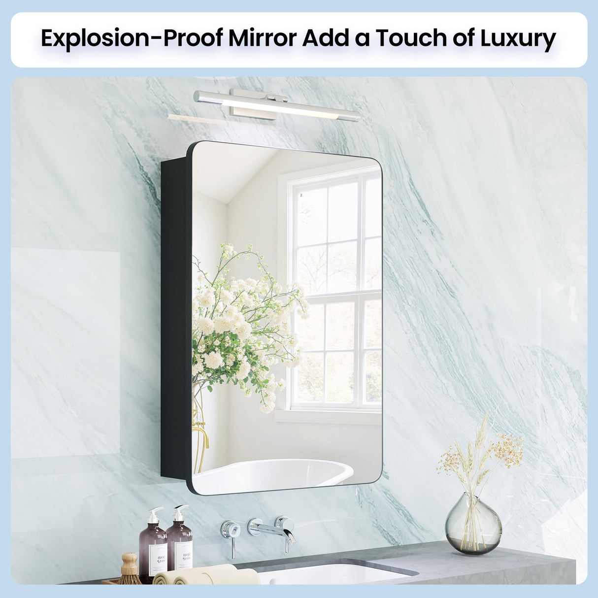 Black Medicine Cabinet with Mirror for Bathroom: 16 x 20 Inch Small Mirrored Vanity Storage with Adjustable Shelves - Surface or Recessed Wall Mount - Matte Black Frame MemoCastle