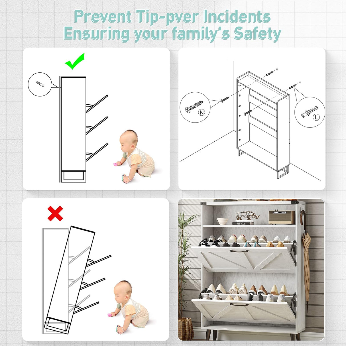 Vabches Shoe Storage Cabinet with 2 Flip Drawers,Freestanding Narrow Shoe Organizer with Open Storage,Hidden Slim Organizer Rack for Entryway,Hallway,White Vabches