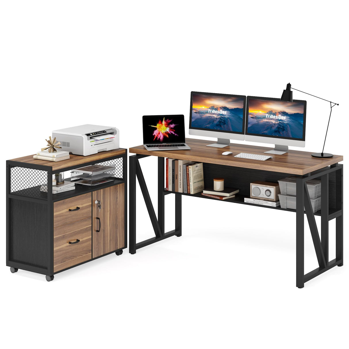 Tribesigns Office Desk with Drawers,55 inches L Shaped Computer Desk with Storage Shelves and Mobile File Cabinet, Executive Desk for Home Office Furniture Sets Tribesigns