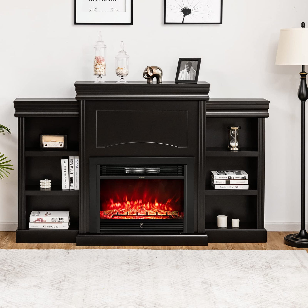 Tangkula 70" Mantel Fireplace, 750W/1500W Electric Fireplace w/Mantel & Built-in Bookshelves, 28.5-Inch Electric Fireplace w/Remote Control, 1-8H Timer, Adjustable Flame Brightness & Color (Black) Tangkula