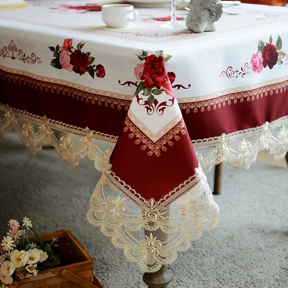 SUTAVIA Floral Lace Tablecloth Farmhouse Waterproof Fabric Table Cover Satin Resistant for Home Kitchen Dining Room Winter Holiday Christmas Party(Burgundy, Rectangle/Oblong,60 x 84 Inch,6-8 Seats) SUTAVIA