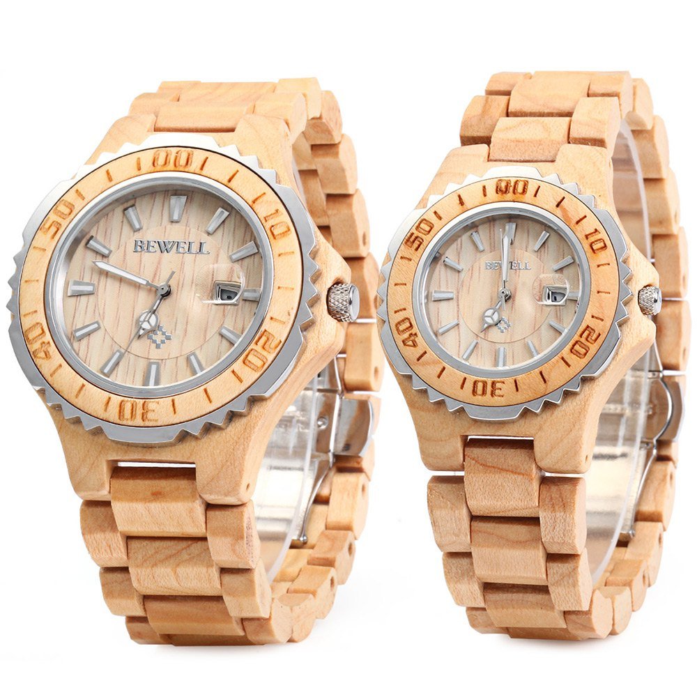 BEWELL ZS-100B Couple Watch Quartz Movement Wooden Watches His and Hers Handmade Lightweight Date Wristwatches BEWELL
