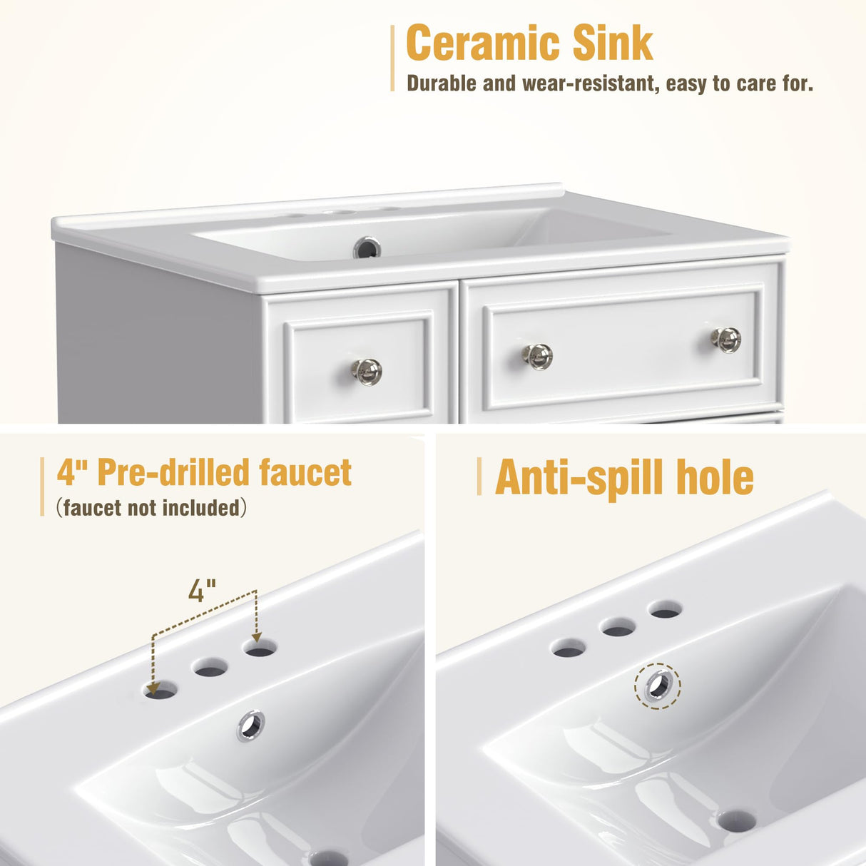 Harper & Bright Designs 24" Bathroom Vanity with Sink, Free Standing Single Basin Vanity Set with Two Drawers and One Door, Modern Wooden Bathroom Cabinet with Ceramic Basin for Bathroom, White Harper & Bright Designs