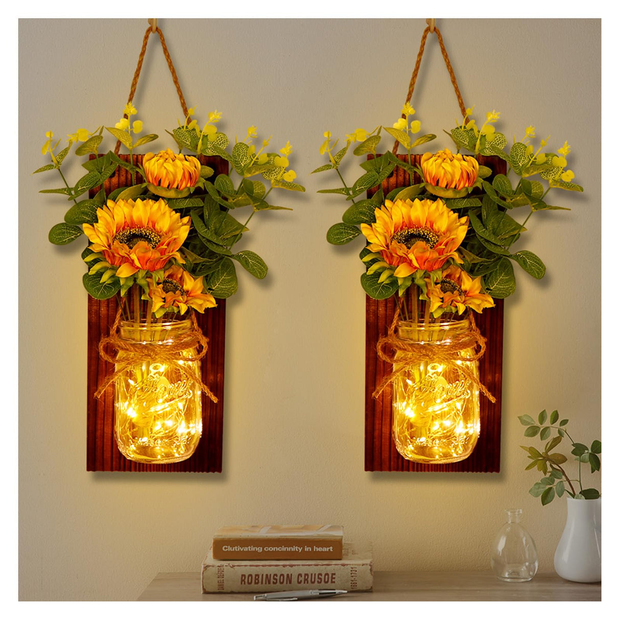 OurWarm Sunflower Wall Sconces Set of Two, Mason Jar Sconces Farmhouse Wall Decor Comes with Remote Control and Warm Toned LED Lights, Rustic Sunflower Decor for Home Kitchen Dining Room Living Room OurWarm