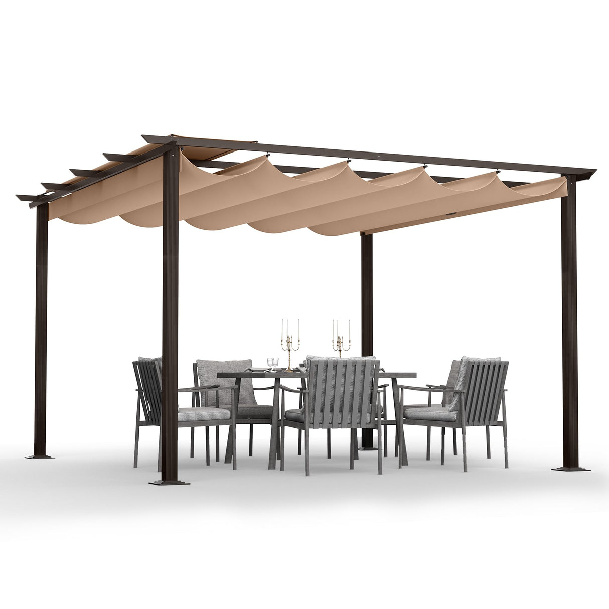 HAPPATIO 12' X 12' Pergola Retractable Pergola Canopy for Backyards, Gardens, Patios, Outdoor Pergola with Sun Shade Canopy, includes Ground Studs and Expansion Screws (Brown) HAPPATIO