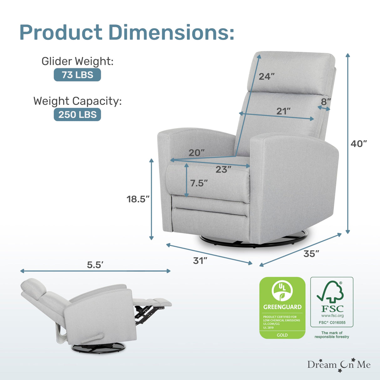 Dream On me Chatham Basic Nursery Rocking Glider in Grey, 360° Swivel Motion, FSC Certified, Greenguard Gold & JPMA Certified Nursery Glider, Three Rocking Modes Nursery Glider Recliner Dream On Me