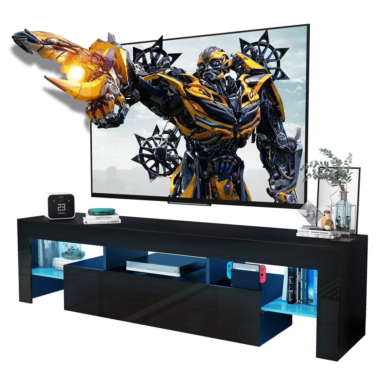 CFTEL Black TV Stand, 60 65 70 75 inch Wood TV Stand, High Glossy Entertainment Center with Large Drawers&Glass Display Shelf, LED Modern Media Gaming Cabinet TV Console for Livingroom, Bedroom CFTEL