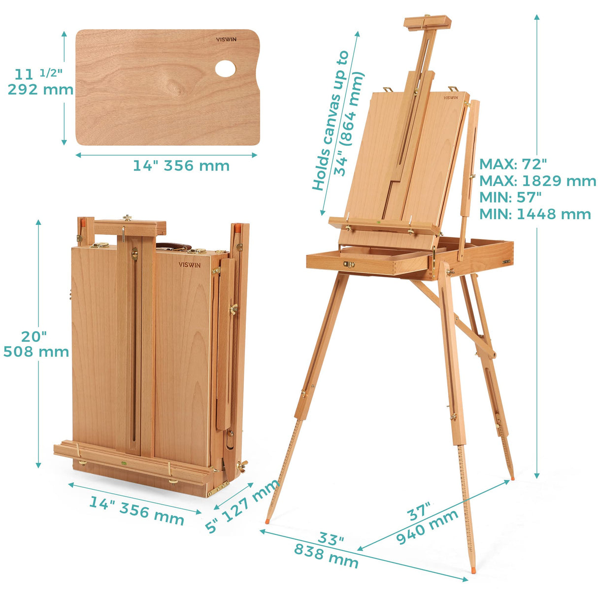 VISWIN French Easel, Hold Canvas up to 34", Beech Wood Adulstable Foldable Studio & Field Sketchbox Easel with Drawer, Palette, Level Instrument & Scale Leg, Portable Tabletop & Floor Painting Easel VISWIN
