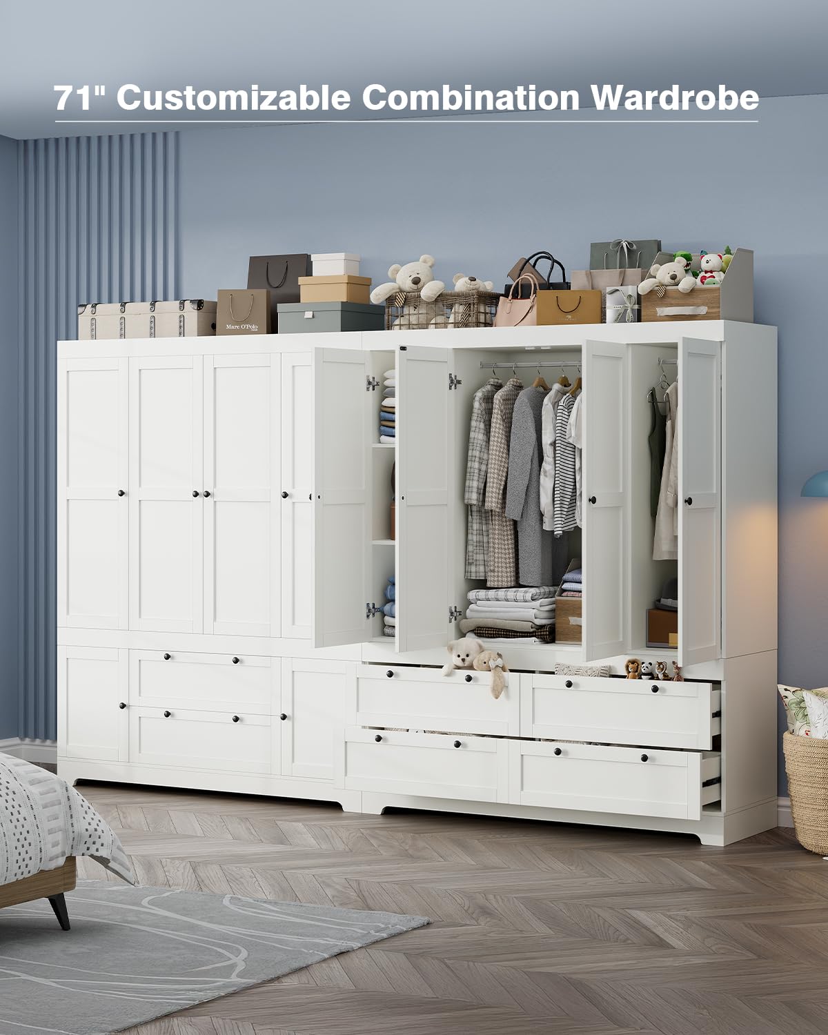 8 Door Large Wardrobe Closet 71" Tall White Wooden Freestanding Storage Armoire – Oversize Capacity Modular Cabinet with Drawers, Space-Saving Durable Design for Bedroom & Closet Organization Buenhomino
