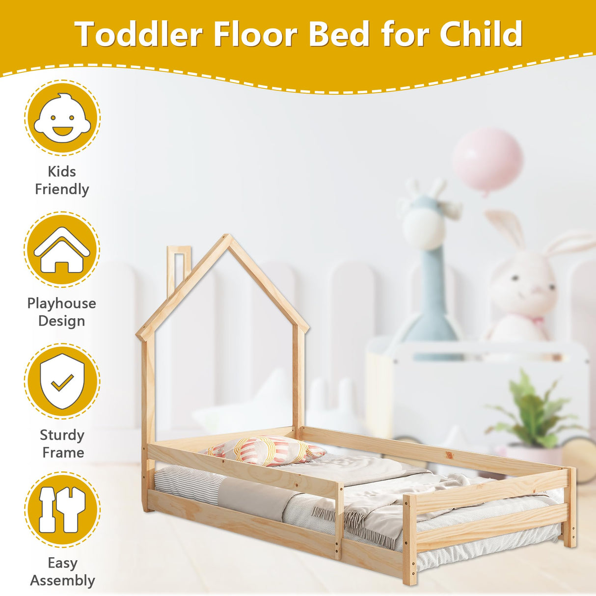 Dolonm Twin Size Montessori House-Shaped Floor Bed Frame with Guardrails in Natural Pine Wood Dolonm