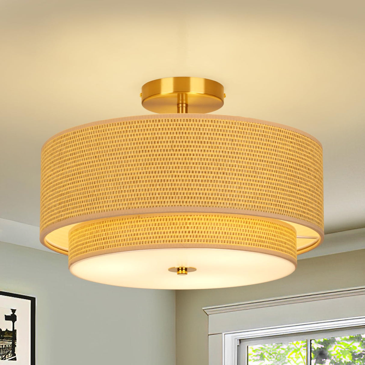 HILUXIA 16 Inch Modern Semi Flush Mount Ceiling Light Fixture, Double Rattan and Wicker Style Drum Shade, Gold Farmhouse Flush Ceiling Lamp for Bedroom, Living Room, Dining Room, Kitchen HILUXIA