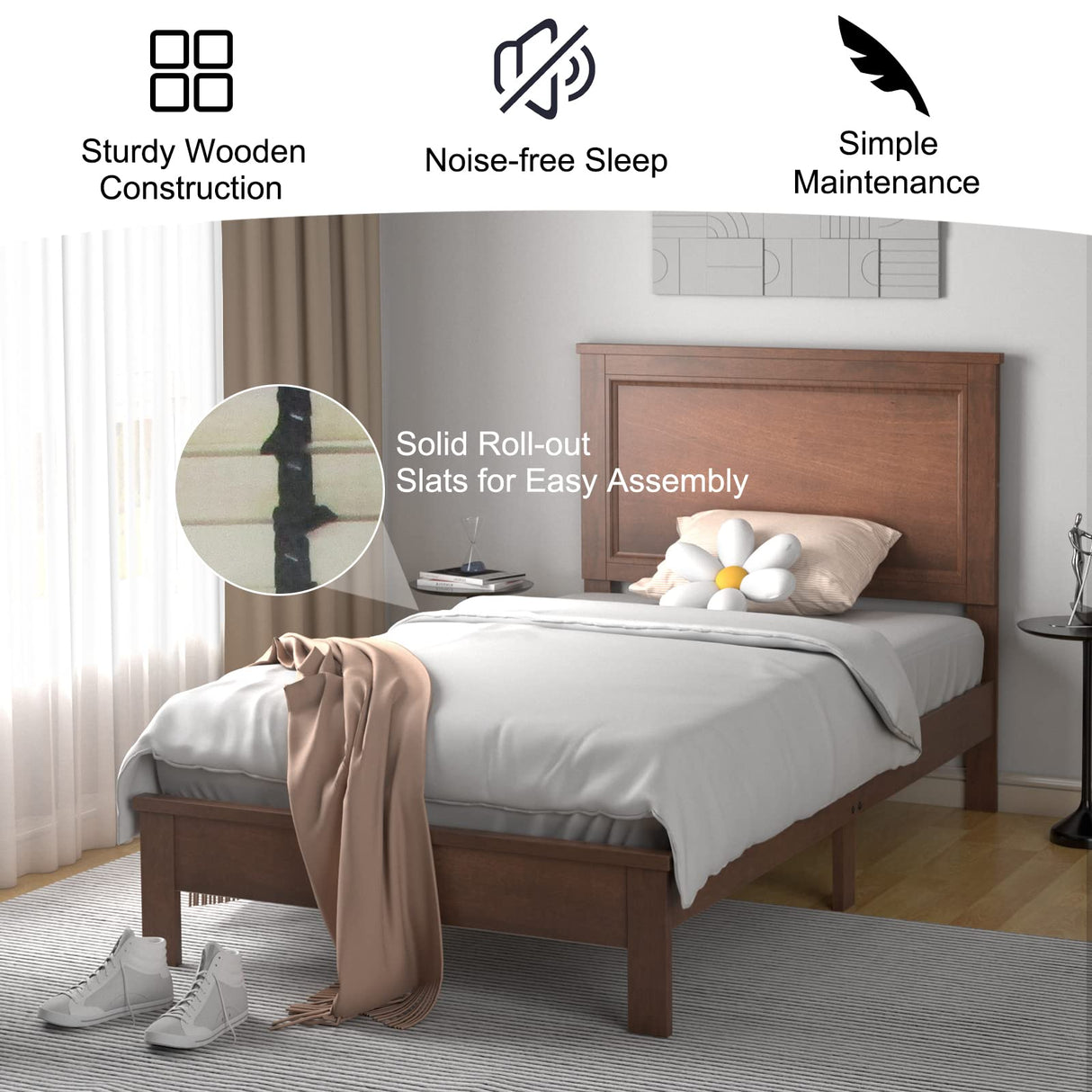 Giantex Wood Twin Bed Frames with Headboard, Wooden Mid Century Platform Bed with Slat Support, Mattress Foundation, Twin Bed Frames for Kids Adults, No Box Spring Needed, Walnut Giantex