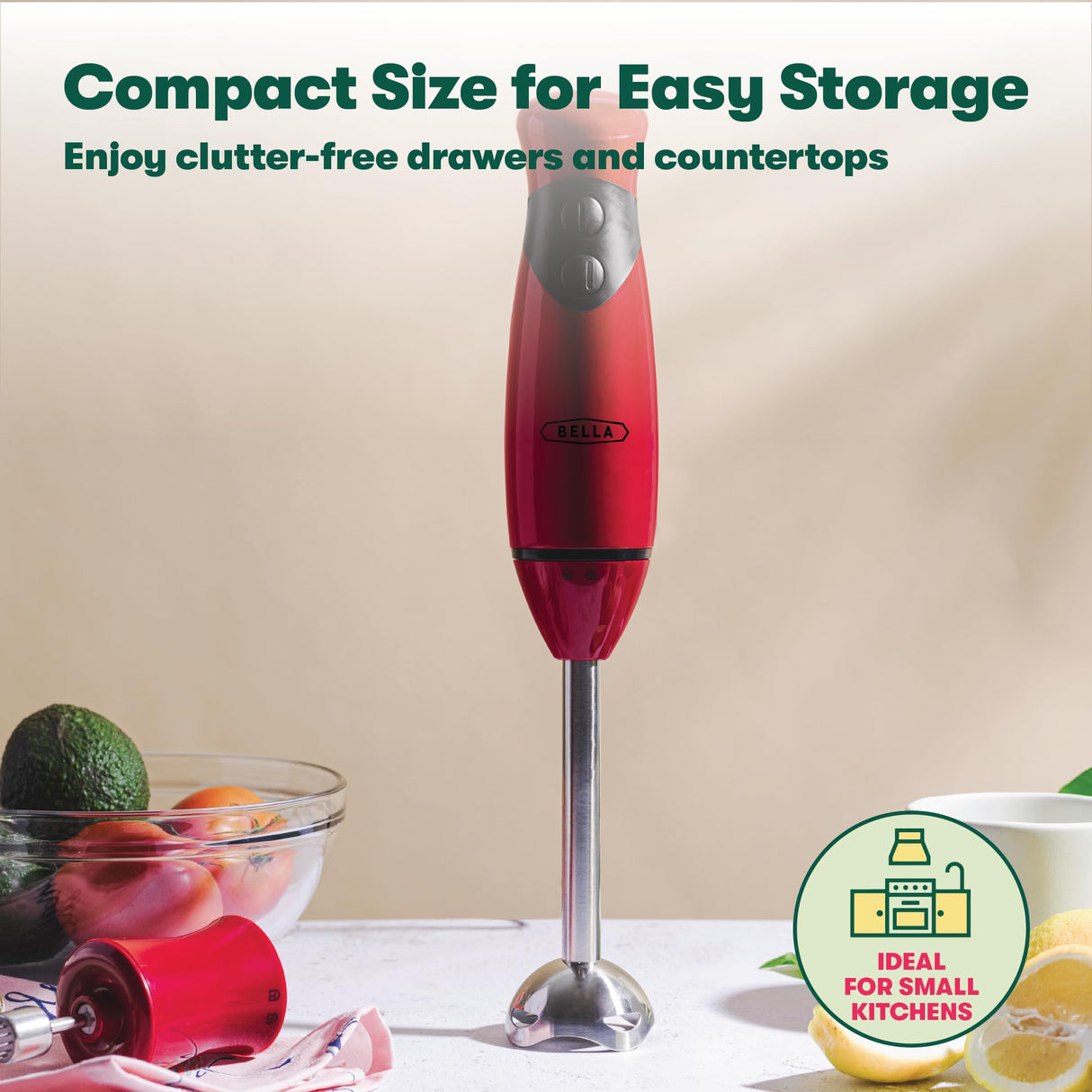 BELLA Immersion Hand Blender, Portable Mixer with Whisk Attachment - Electric Handheld Juicer, Shakes, Baby Food and Smoothie Maker, Stainless Steel, Red BELLA