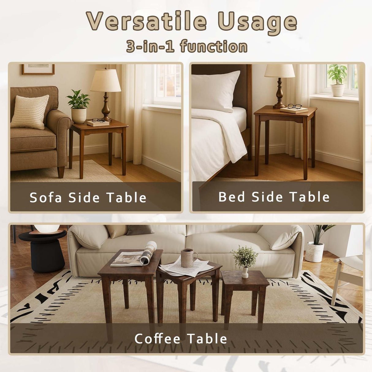 Kmax Nesting Tables Set of 3, Small Sofa Side Table Rustic Stacking End Table Rectangle Solid Wood Coffee Tables for Small Space - Walnut Kmax