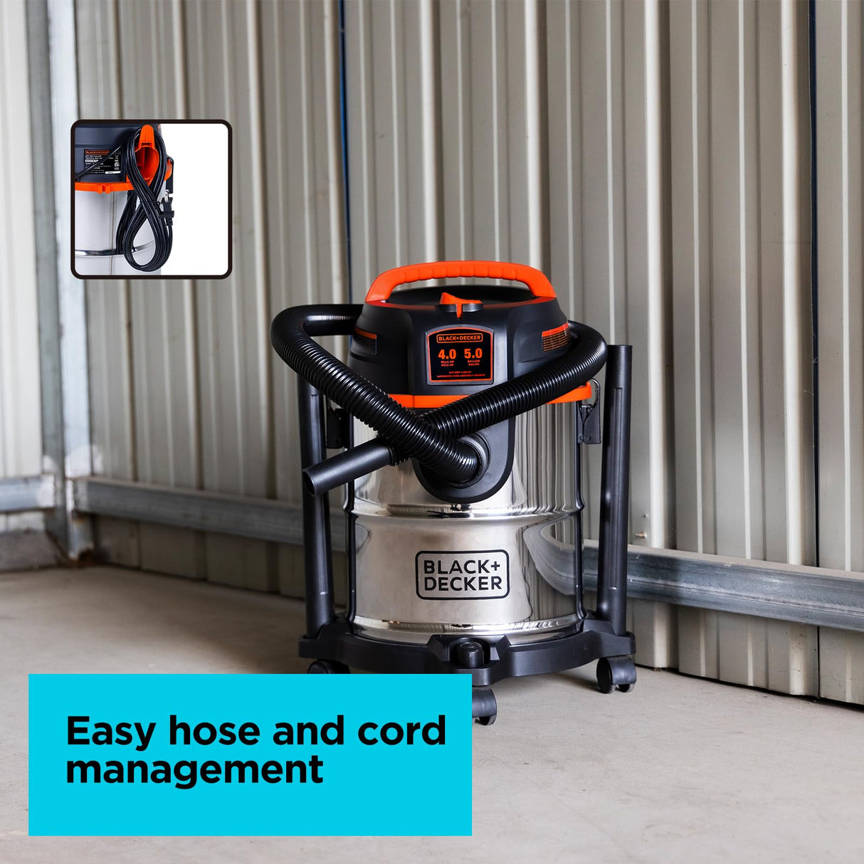 BLACK+DECKER 5 Gallon Shop Vacuum Wet and Dry, 4.0 Peak HP, Stainless Steel Tank, Shop Vac with Accessories for Home, Pet, Workshop and Car(BDXV18143) BLACK+DECKER