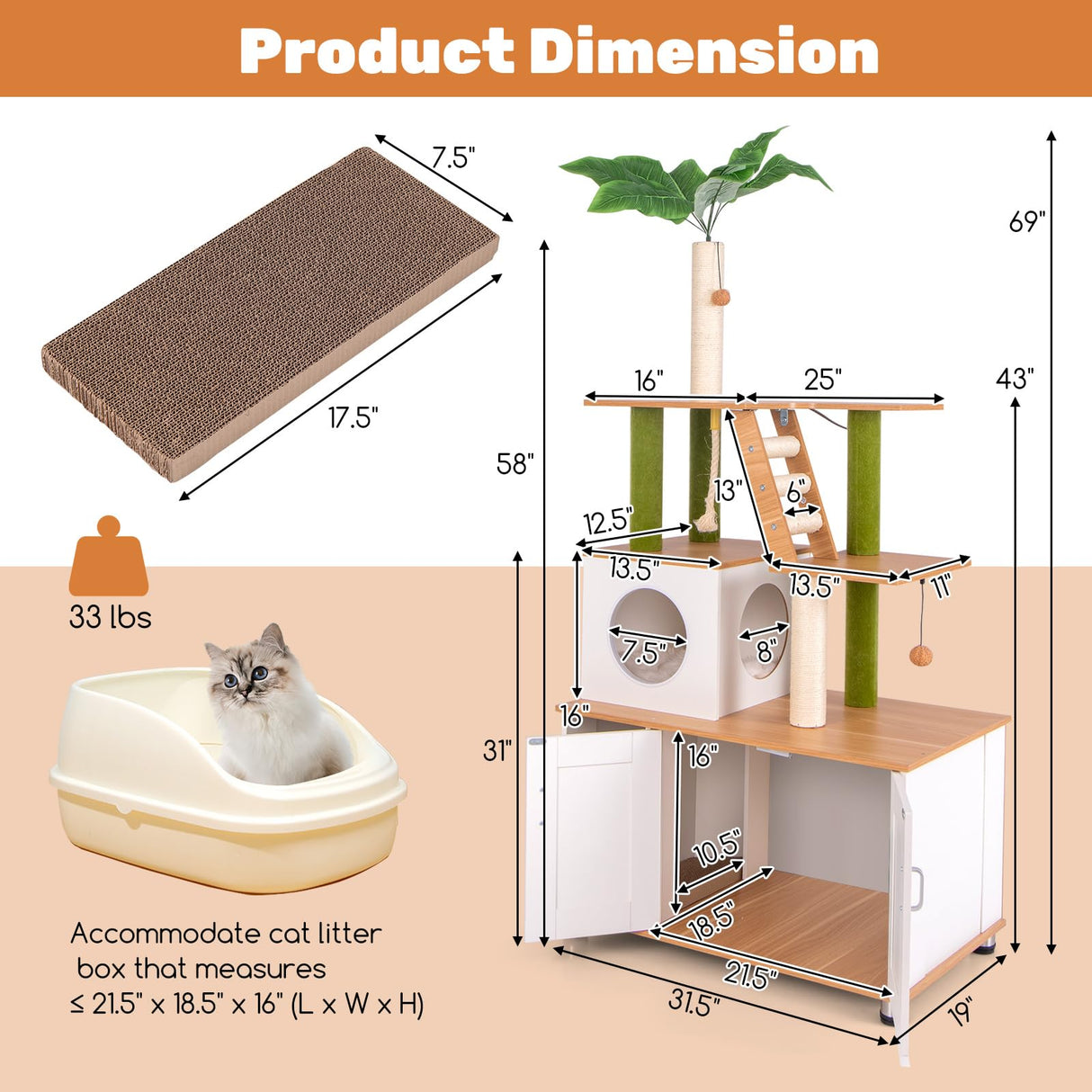 PETSITE Cat Tree with Litter Box Enclosure, Multi-Level Modern Cat Tree Tower with Sisal Scratching Posts, Cat Condo, Ladder, Dangling Balls, Interactive Sisal Rope, and Hidden Litter Box PETSITE