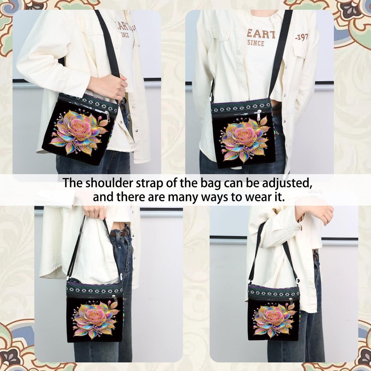 ARTopet DIY Diamond Art Painting Canvas Crossbody Bag Black Ethnic Minority Shoulder Purses Beach Bag Special Shaped Crystal by Numbers Mosaic Kits for Women Travel-Colorful Rose ARTopet