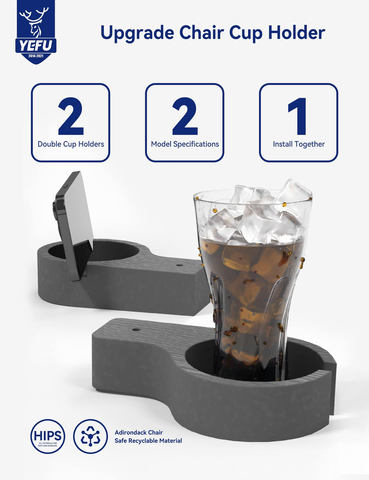 YEFU Adirondack Chair with Ottoman, Adjustable Backrest Adirondack Chairs, Folding Outdoor Fire Pit Chair with 2 Cup-Holders, Weather Resistant for Patio Lawn Outside Garden Pool, 380lbs(Grey) YEFU