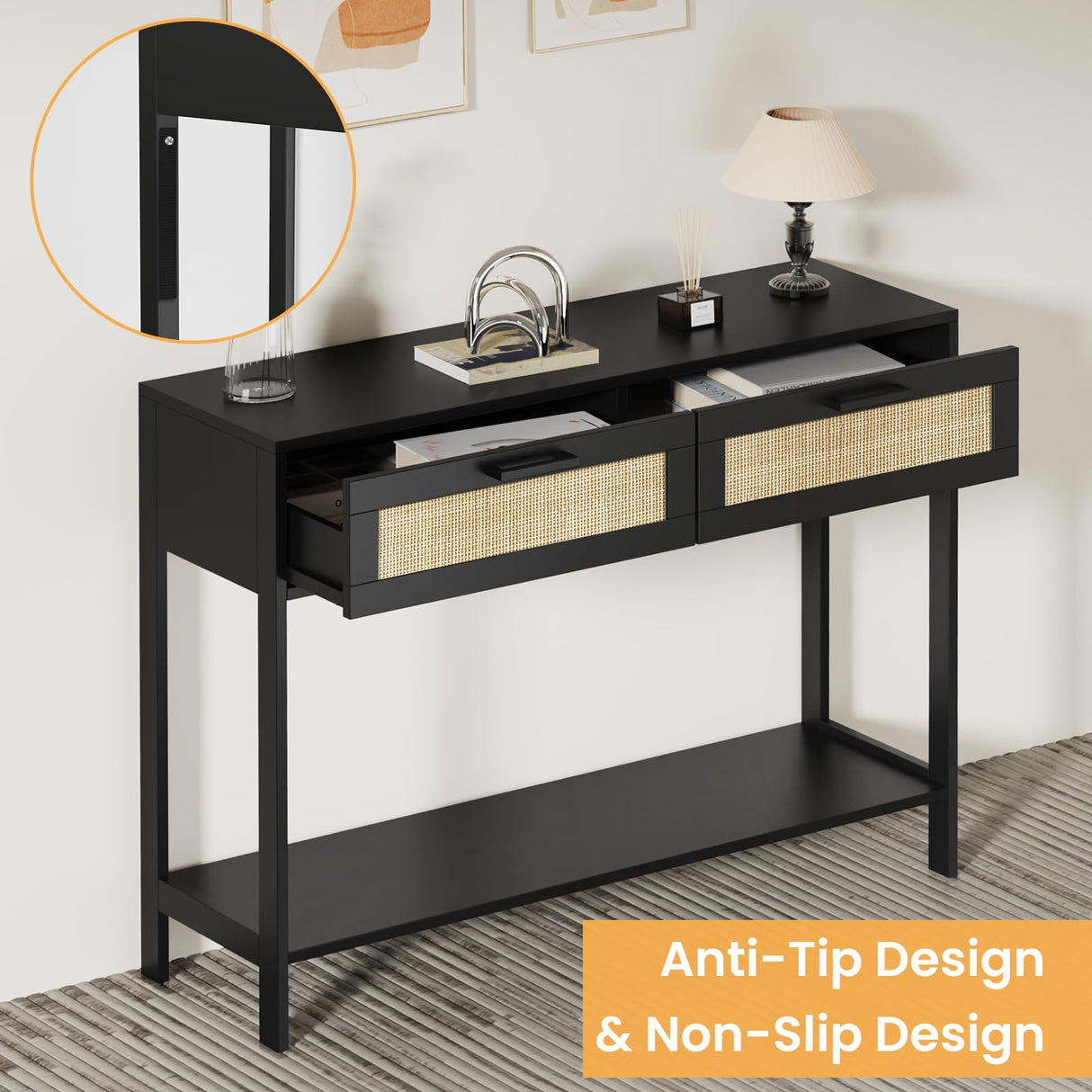 Derfullo Rattan Console Table - Boho Rattan Entryway Table with 2 Storage, Wood Small Console Tables for Entryway, Entry Table for Hallway, Sofa Table Derfullo