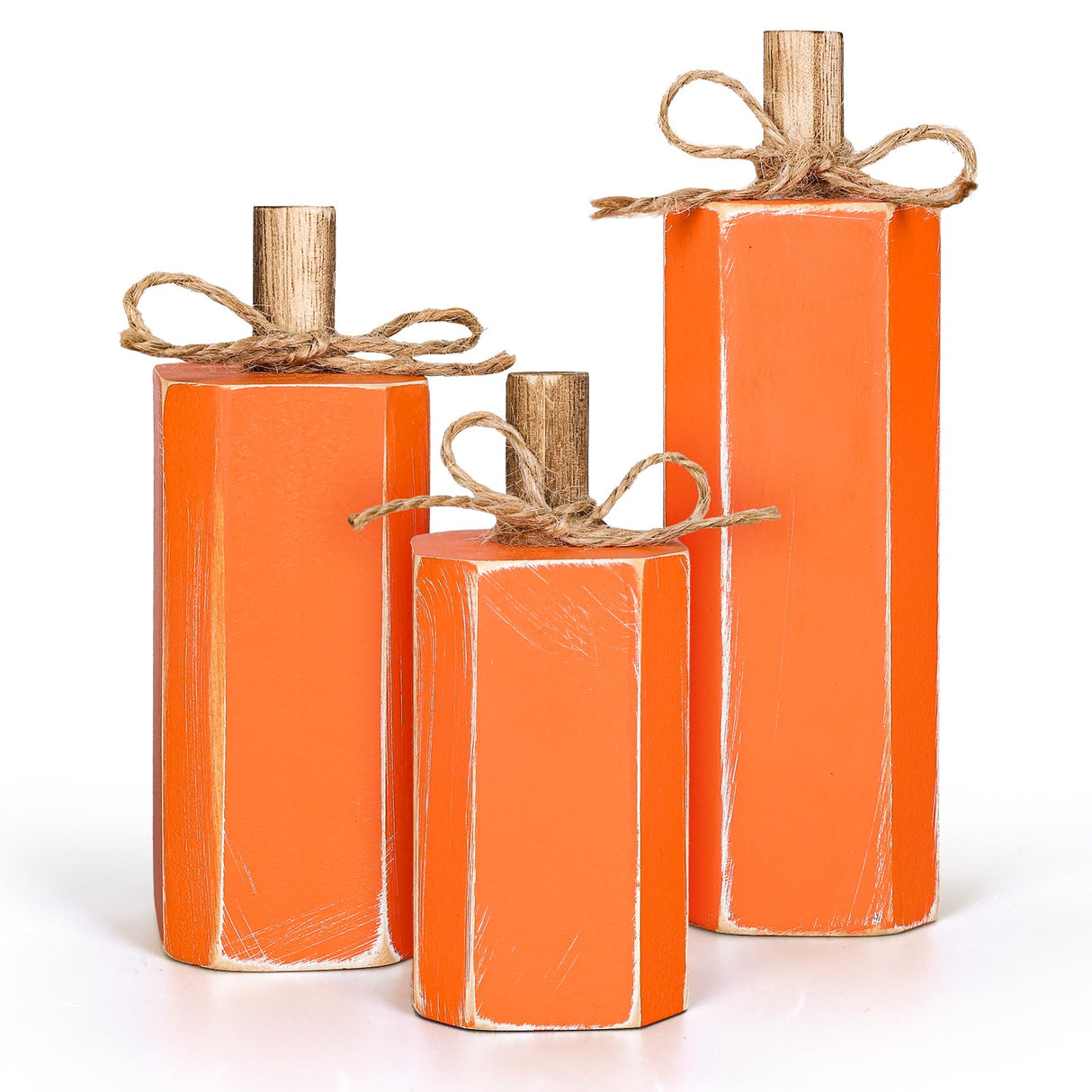 Whaline 3Pcs Fall Wooden Signs Table Decor Rustic Autumn Farmhouse Centerpiece Orange Block Wood Sign Thanksgiving Party Tabletop Decor with Hemp Rope for Fall Harvest Home Tiered Tray Decor Whaline