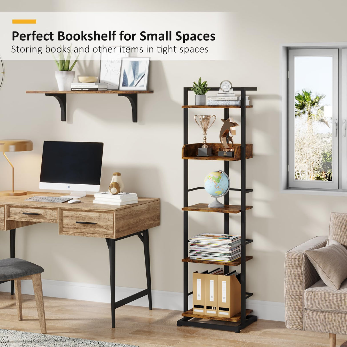 Narrow 5-Tier Industrial Rustic Brown Bookshelf with Metal Edge Protection Hosfais