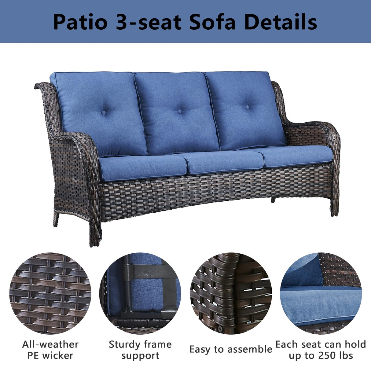 Belord Wicker Outdoor Furniture Patio Furniture Set - 6 Piece Patio Conversation Set with Swivel Rocker Chairs, Rattan Sofa, Ottomans and Coffee Table, Blue Cushion Belord