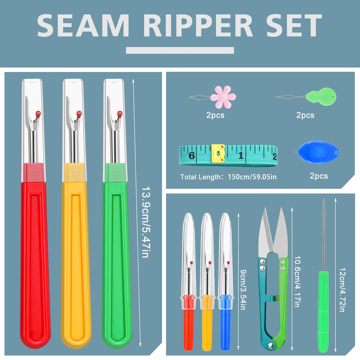 ZMAAGG Seam Ripper-6 PCS Stitch Remover Tool, Seam Rippers for Sewing, Needle Threaders, Tape Measure, Tailors Awl, Thread Snips ZMAAGG