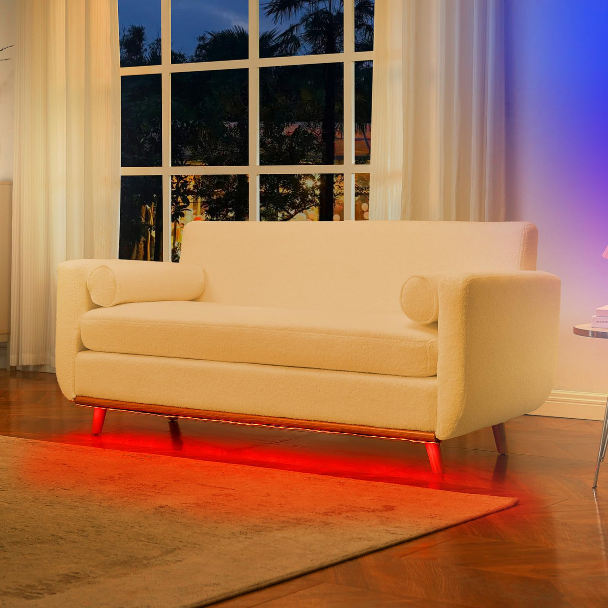 63" W Loveseat Sofa,Beige Boucle Couch with LED Lights and USB Ports Modern Fluffy Love Seat Couches 2 Seater Comfy All-Wood Washable Covers Sofa Furniture for Bedroom Living Room Small Space Office FiveWillowise