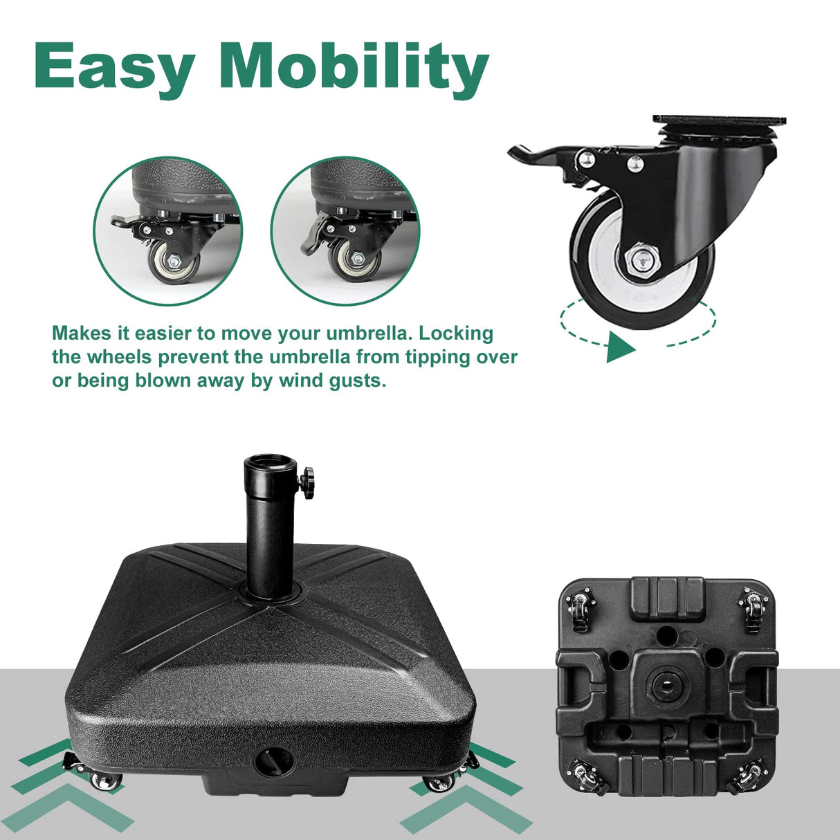 RAOKUKH DZ4733 MS Patio Umbrella Base Heavy Duty with Wheels Square Market Stand for Outdoor 4 Locks 1 Knobs 125lb Capacity, Black RAOKUKH