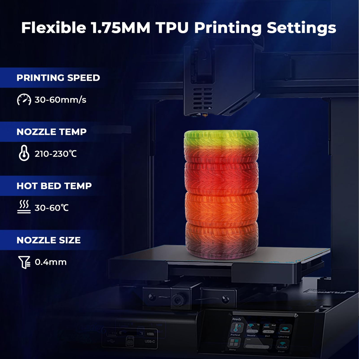 AMOLEN TPU High Speed Filament 1.75mm,Flexible TPU 3D Printer Filament,Dimensional Accuracy +/- 0.03 mm,Transparent Rainbow Red Green Purple Orange 1kg/2.5lbs Fit Most FDM Printer, 3DTPURGPO AMOLEN