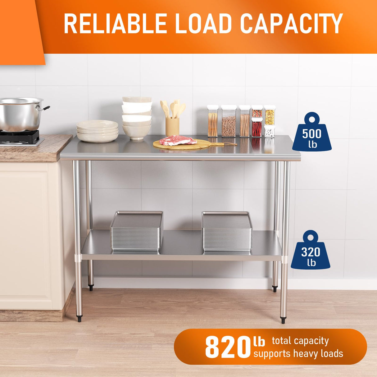 HOCCOT Stainless Steel Table for Prep & Work 24" X 48" inches with Adjustable Shelf, Commercial Workstations, Utility Table in Kitchen Garage Laundry Room Outdoor BBQ HOCCOT