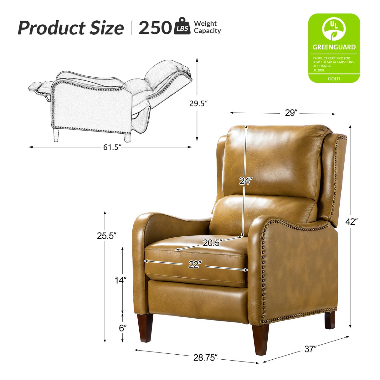 HULALA HOME Leather Recliner Chair, Modern Push Back Recliner Chair with Adjustable Backrest & Footrest, Casual Single Leather Sofa, Comfy Upholstered Club Chair for Living Room, Bedroom, Camel HULALA HOME