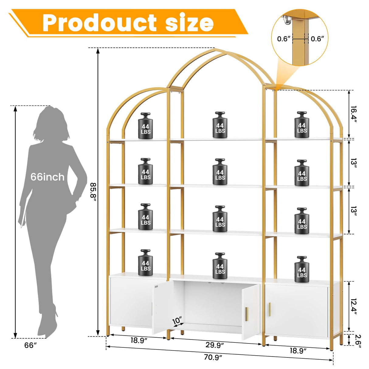 Semoic Arched Bookshelves and Bookcases: Triple Wide 5-Tier Large Open Bookshelf, Etagere Bookcase with Display Shelf for Home Office, White and Gold Semoic