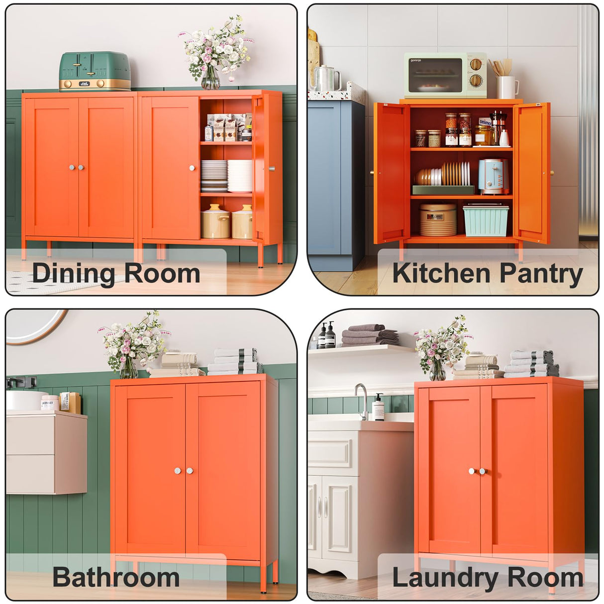 YAUWOH Orange Metal Bathroom Storage Cabinet, Small Metal Locker Storage Cabinet with 2 Adjustable Shelves and 2 Doors,Freestanding Sideboard for Small Spaces, Living Room, Dining Room YAUWOH