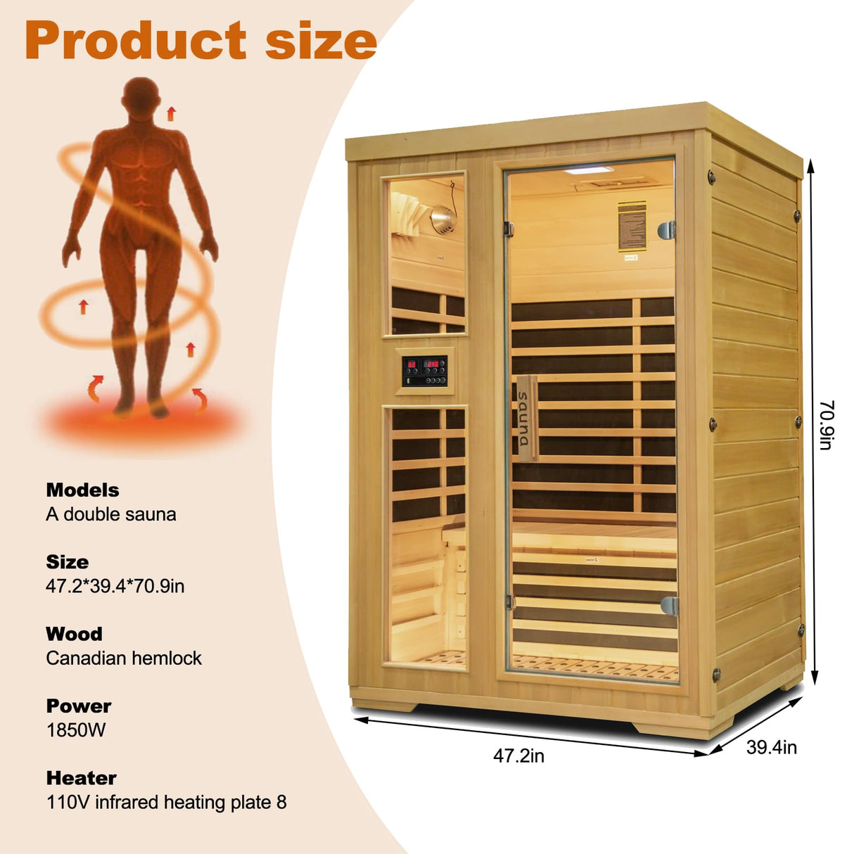 Far Infrared Sauna,Canadian Hemlock 2 Person Wooden Dry Sauna Room for Home with Dual Control Panel and MP3 Controller, Time and Temp Pre-Set,8 Carbon Panels,Led Reading Lamp,Valentine's Day Gift DWKWE