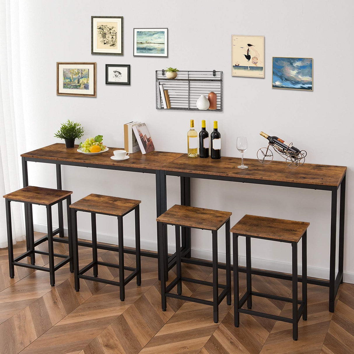 HOOBRO Bar Table and Chairs Set, 47.2” Rectangular Pub Table with 2 Stools for Small Space, High Top Table, 3-Piece Breakfast Table Set, Sturdy Metal Frame, Easy to Assemble, Rustic Brown BF52BT01 HOOBRO